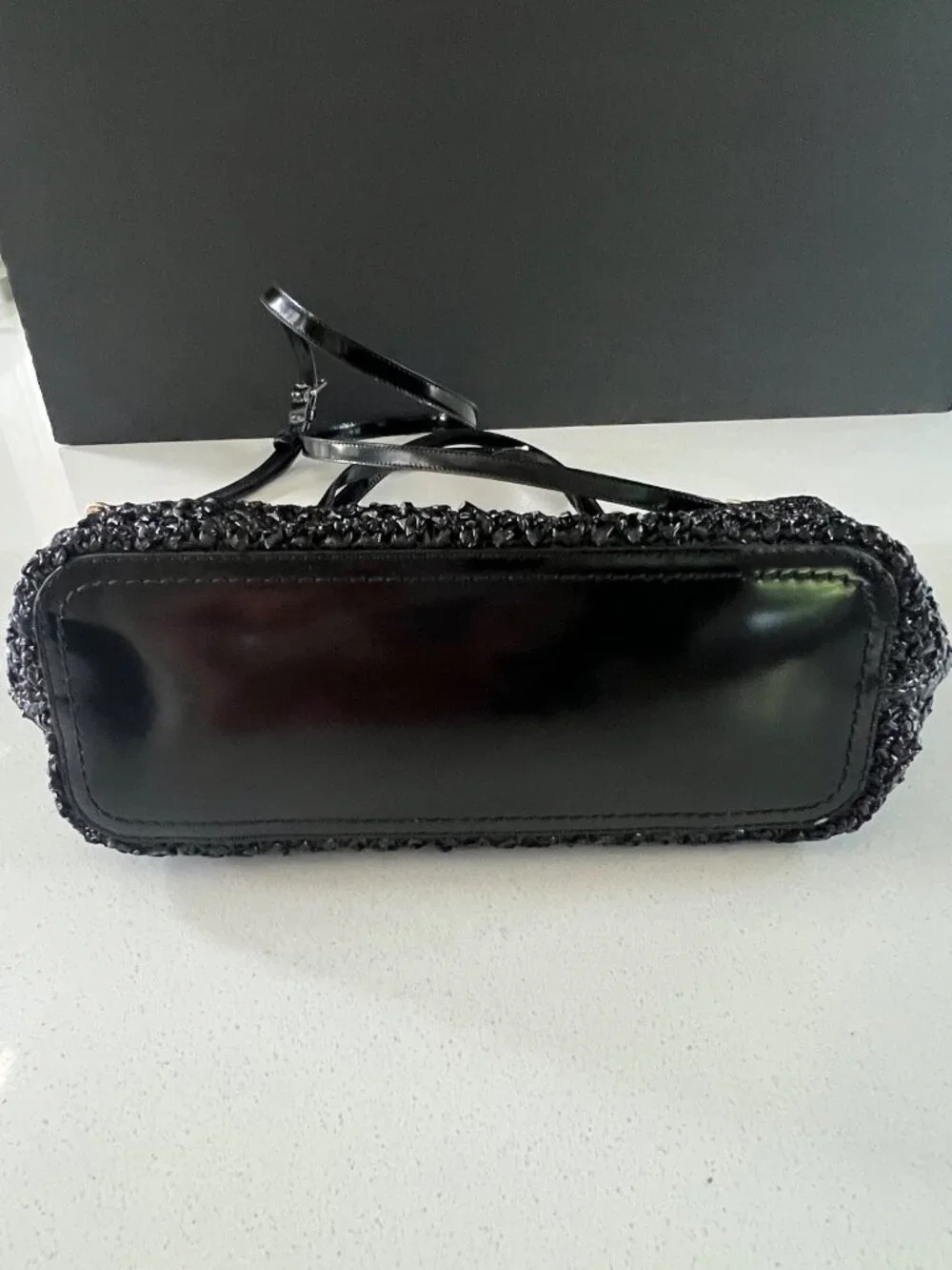 TORY BURCH Emerson Lacquered BLACK Raffia Small Tote